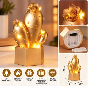 Led Işıklı Sevimli Kaktüs Dekoratif Masa Lambası Mini Biblo Gece Lambası Gold