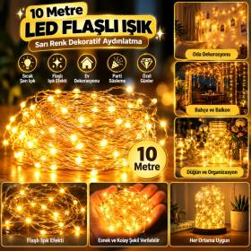 Sarı Peri LED Flaşlı Işık – 10 Metre Dekoratif Oda ve Organizasyon Aydınlatması