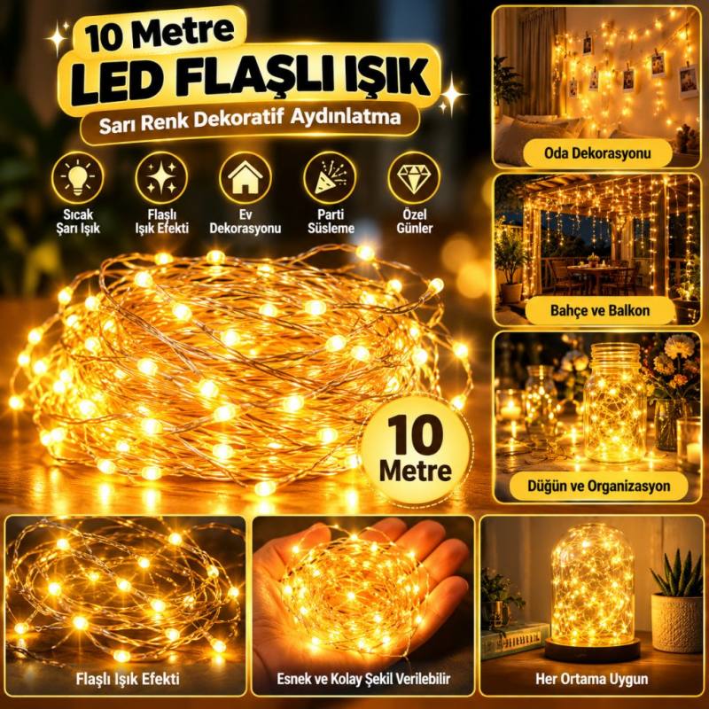 Sarı Peri LED Flaşlı Işık – 10 Metre Dekoratif Oda ve Organizasyon Aydınlatması