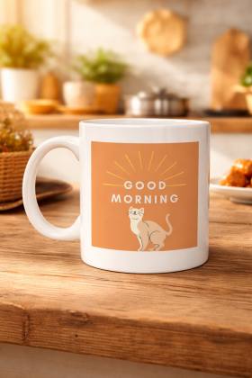 Good Morning Kedi Desenli Porselen Kupa MODEL 72 – Sevimli Kedi Figürlü, Kahve & Çay Kupası, Hediyelik Porselen Bardak