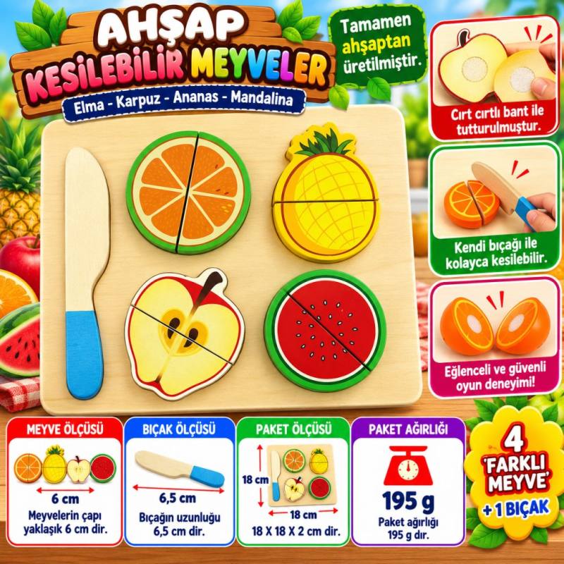 Ahşap Kesilebilir Meyveler Elma Karpuz ananas Mandalina