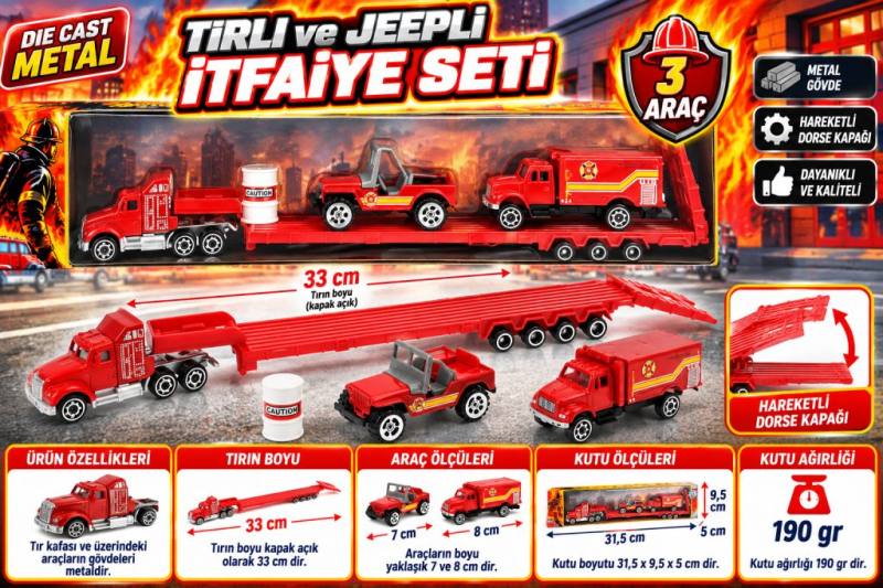 Die Cast Metal Tırlı ve Jeepli İtfaiye Seti