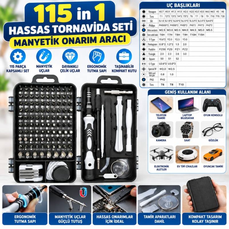 Hassas Tornavida Seti Bilgisayar Pc Telefon Onarım Aracı Seti Manyetik 115 in 1 Tornavida Seti