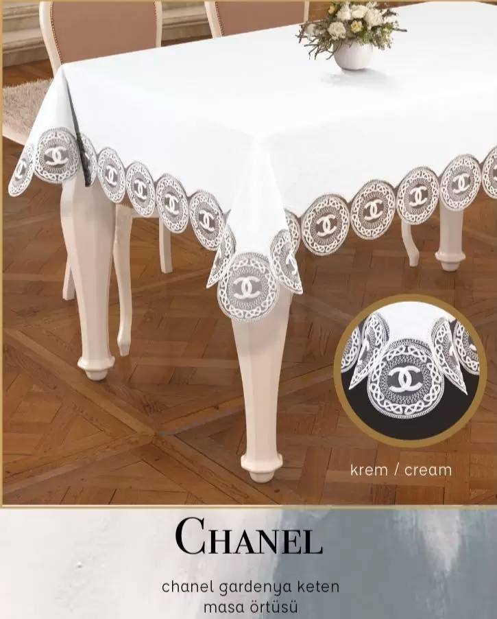 160x260 cm Chanel Model Gardenya Keten Krem-Krem Şık Dekoratif Masa Örtüsü