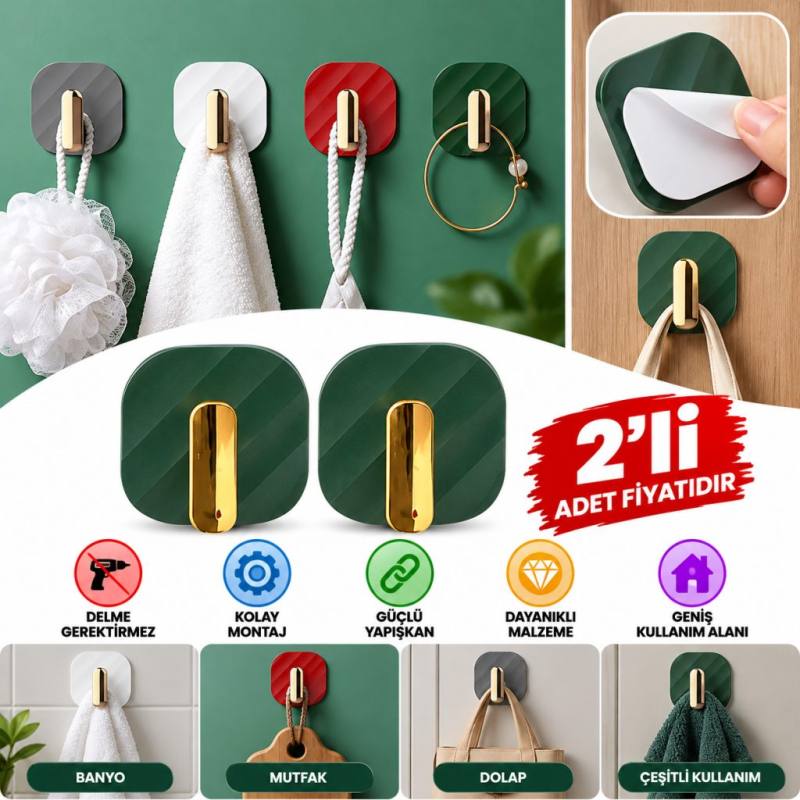 2li Yapışkanlı Retro Askılık Dolap Kapak Kulpu Kırmızı