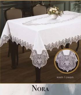 Keten Masa Örtüsü Tablecloth 155x260 cm Yemek Masası Örtüsü Nora Model Krem-Krem