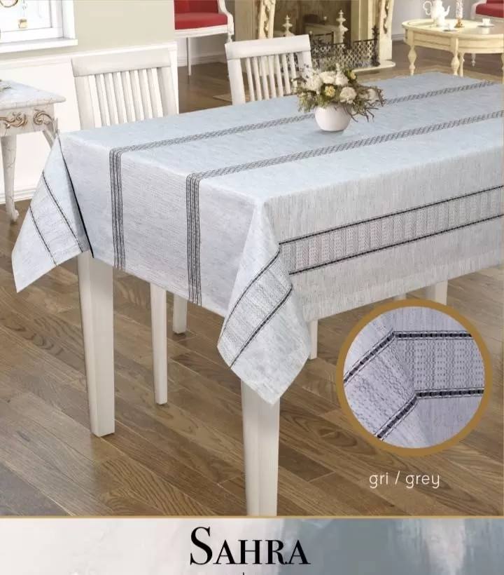 Polyester Ajurlu Keten Masa Örtüsü Tablecloth 160x220 cm Dantelli Yemek Masası Örtüsü Sahra Model Gri
