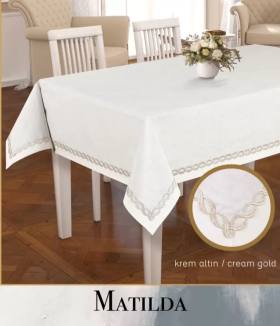 Keten Masa Örtüsü Tablecloth 155x300 cm Yemek Masası Örtüsü Matilda Model Krem-Altın