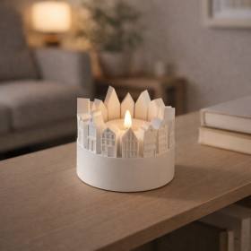 3D Baskı Şehir Silüetli Tealight Mumluk Işık Efektli Dekoratif Mum Tutucu