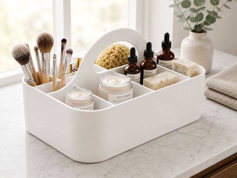 3D Baskı Çok Bölmeli Taşınabilir Banyo ve Makyaj Organizeri - Saplı Masaüstü Düzenleyici-Beyaz