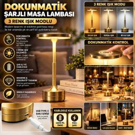 Eskitme Gold Kasa Dokunmatik Şarjlı Masa Lambası – 3 Renk Işık Modlu, LED Aydınlatmalı, Modern & Dekoratif Abajur