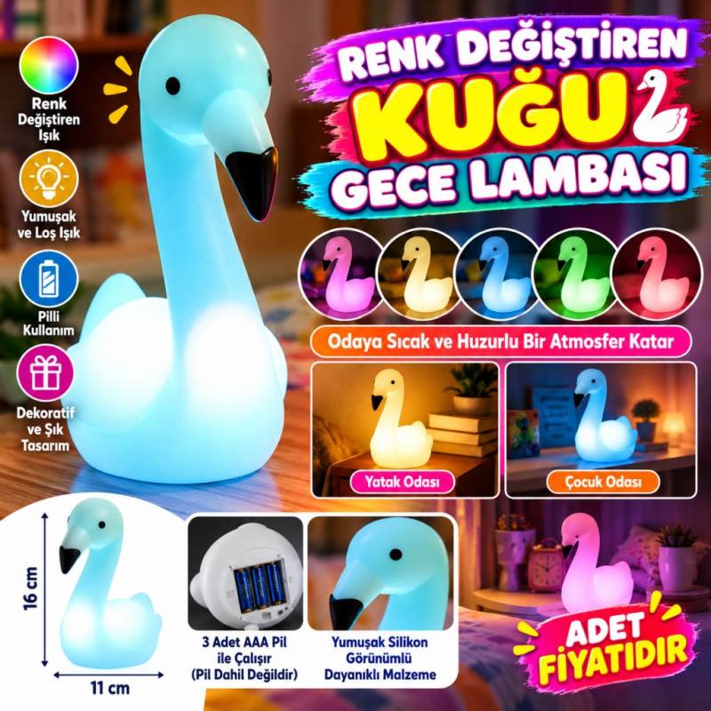 Dekoratif Işık Altında Renk Değiştiren pilli Kuğu Gece Lambası (adet fiyatıdır)