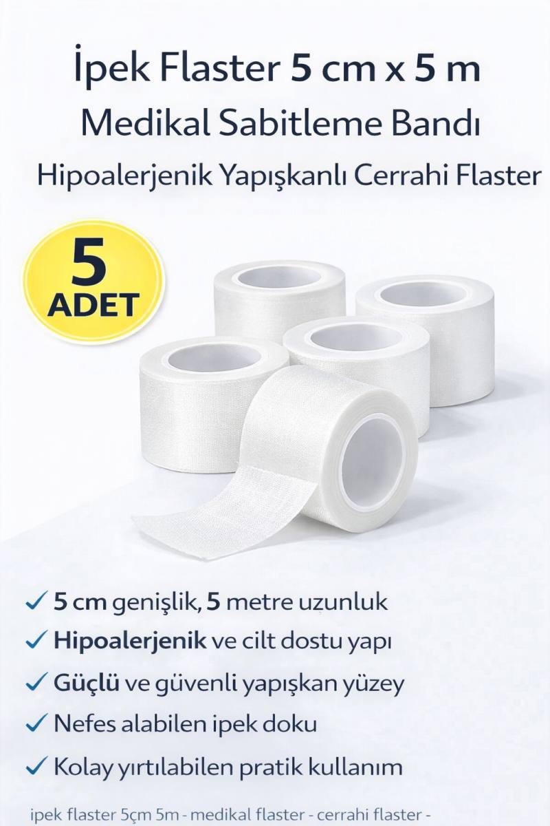 İpek Flaster 5 cm x 5 m 5 Adet Medikal Sabitleme Bandı Hipoalerjenik Yapışkanlı Cerrahi Flaster