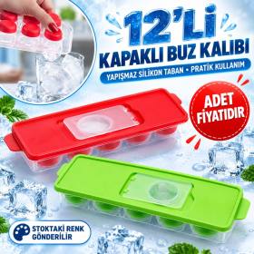 12li Kapaklı Yapışmaz Silikon Tabanlı Plastik Küp Buz Kalıbı - Stokta Olan Renk Gönderilir