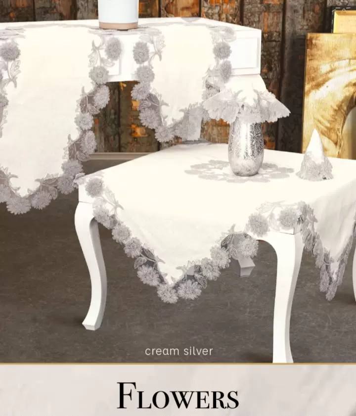 Flowers Model Krem 5 Parça Keten Dantelli Runner Seti Lüks Salon Takımı