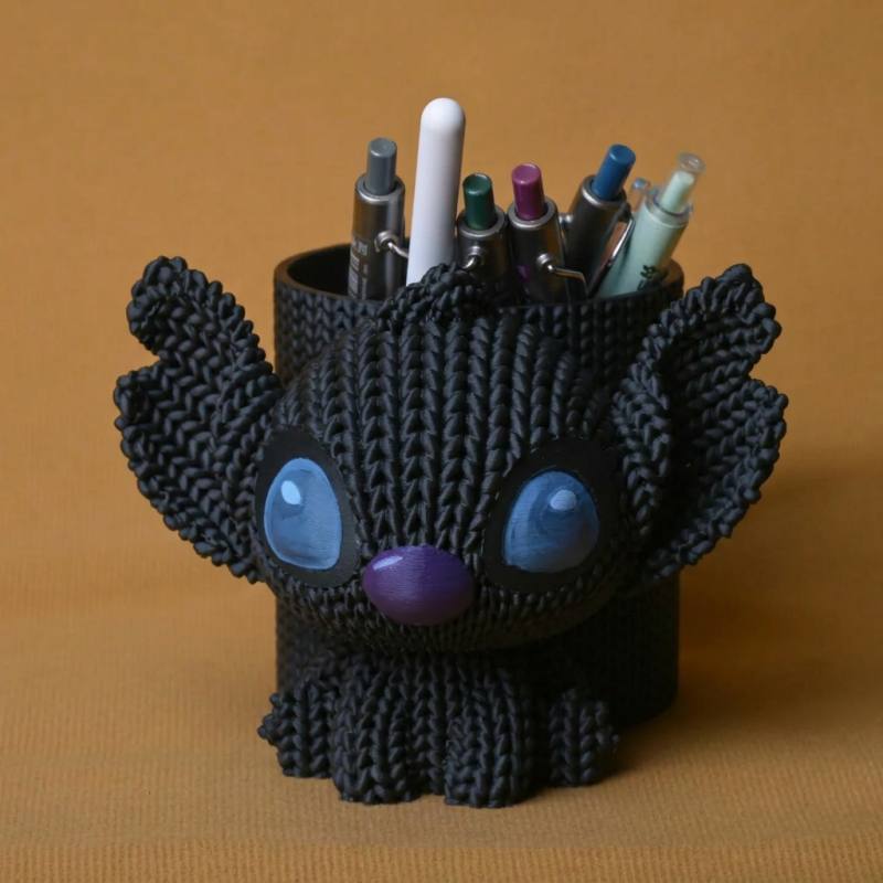 3D Baskı Knitted Kalemlik - Sevimli Karakterli Masaüstü Kalem Organizeri-Siyah