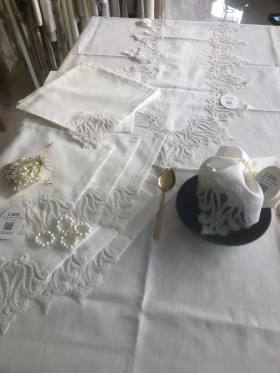 Sofra Takımı 155x220 cm Masa Seti Keten Dantelli Dekoratif Gülse Model Yemek Masası Örtüsü Krem