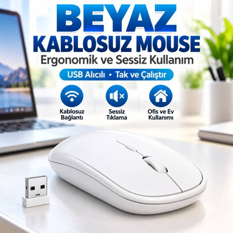 Beyaz Renkli Ergonomik Sessiz Kablosuz Mouse – USB Alıcılı, Ofis ve Oyun İçin Konforlu Bilgisayar Faresi MS6310