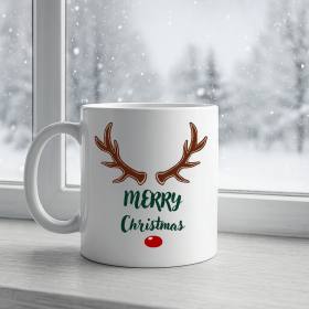 Merry Christmas Yazılı Geyik Boynuzlu Yılbaşı Kupası Model 212 Baskılı Seramik Kahve Kupası