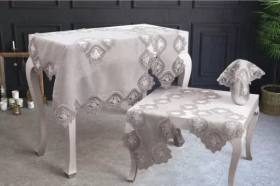 Salon Takımı 5 Parça Keten Dantelli Masa Örtüsü Runner Seti Çeyizlik Flowers Model No 9964 Kapiçino