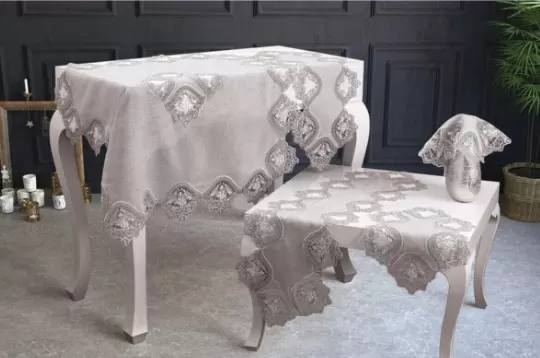 Salon Takımı 5 Parça Keten Dantelli Masa Örtüsü Runner Seti Çeyizlik Flowers Model No 9964 Kapiçino