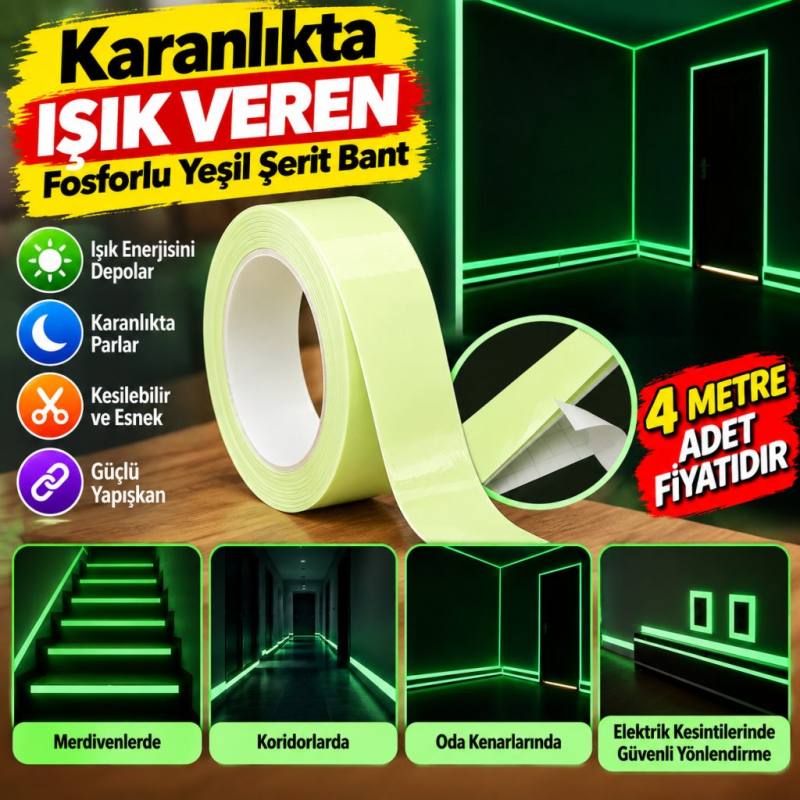Karanlıkta Işık Veren Yansıyan 4 Metre Fosforlu Yeşil Şerit Bant (adet fiyatıdır)