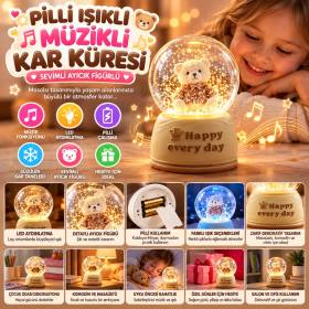 Pilli Işıklı Müzikli Kar Küresi–Sevimli Ayıcık Figürlü Eğlenceli Masaüstü Biblo, LED Aydınlatmalı Dekoratif Hediyelik Kar Küresi