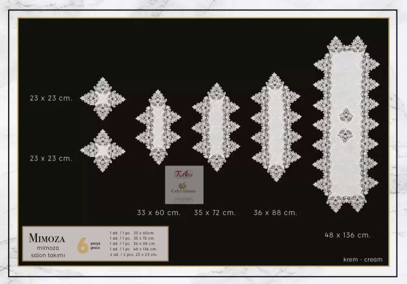 Mimoza Krem Model 5 Parça Dantel Masa Örtüsü Runner Seti Salon Takımı