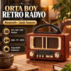 Orta Boy Retro Ahşap Tasarım Bluetooth Hoparlörlü Radyo – FM/AM Destekli, Şarjlı ve Taşınabiliri Radyo NS-6636