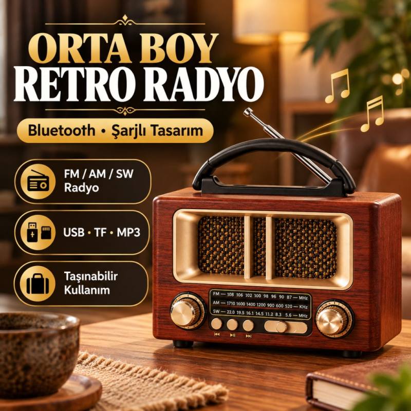 Orta Boy Retro Ahşap Tasarım Bluetooth Hoparlörlü Radyo – FM/AM Destekli, Şarjlı ve Taşınabiliri Radyo NS-6636