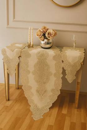 Angelika Simli Gold 5 Parça Keten Dantelli Salon Takımı Runner Seti Modern