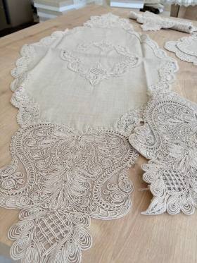 Salon Takımı Çeyizlik Krem Runner Set 5 Parça Keten Masa Örtüsü Runneri Gerdan
