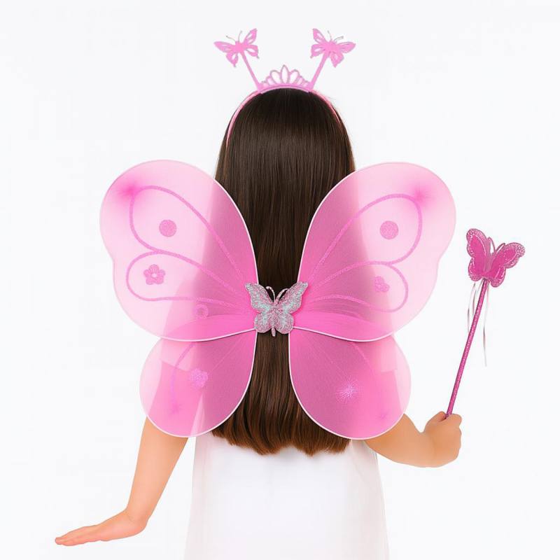 Pembe Kelebek Kız Seti ? 50 cm Kelebek Kanadı, Taç ve Asa