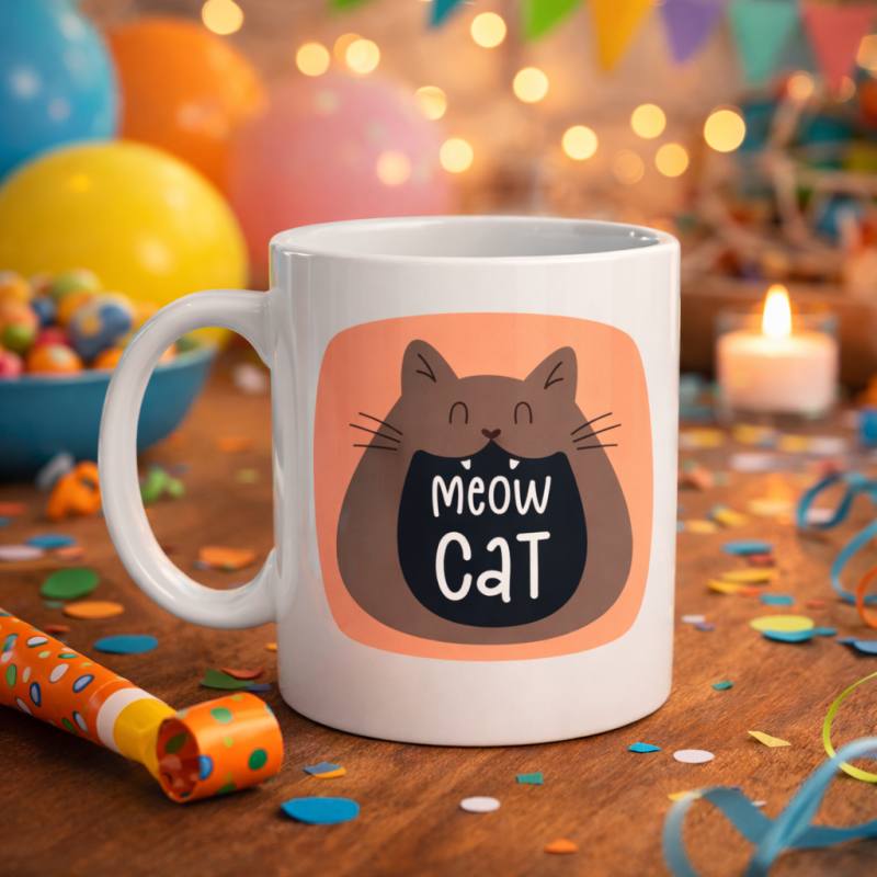 Meow Cat – Sevimli Kedi Tasarımlı Porselen Kupa MODEL 66 Eğlenceli Kahve & Çay Kupası Hediyelik