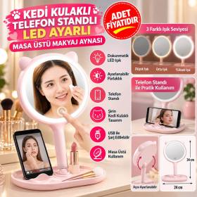 Kedi Kulaklı Telefon Standlı Yuvarlak Dokunmatik Led Ayarlı Masa Üstü Makyaj Aynası(adet fiyatıdır)