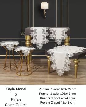 Salon Takımı 5 Parça Keten Masa Örtüsü Runner Seti Çeyizlik Kayla Model No 22252 Krem-Gümüş