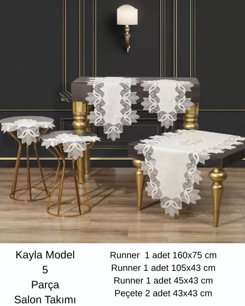 Salon Takımı 5 Parça Keten Masa Örtüsü Runner Seti Çeyizlik Kayla Model No 22252 Krem-Gümüş