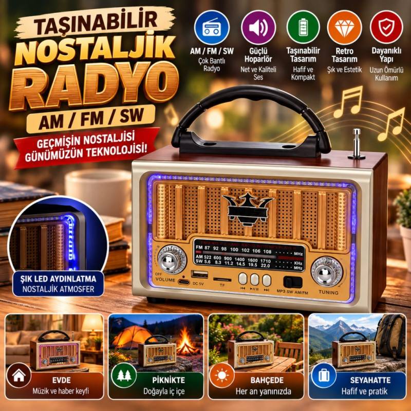Taşınabilir Klasik AM/FM/SW Retro Nostaljik Radyo