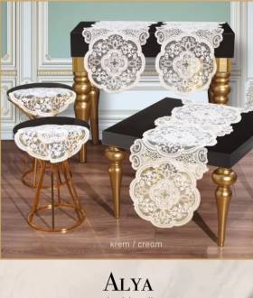 5 Parça Krem Alya Salon Takımı Dantelli Runner Masa Örtüsü Modern Tasarım