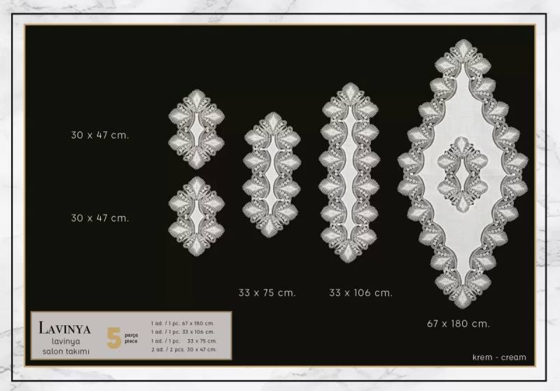 Salon Takımı 5 Parça Keten Dantelli Masa Örtüsü Runner Seti Çeyizlik Lavinya Model No 2 Krem-Krem