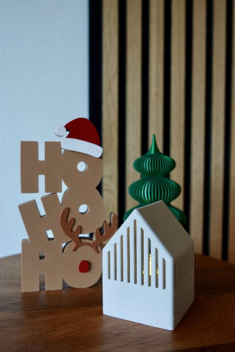 3D Baskı Ho Ho Ho Yazılı Noel Baba Şapkalı Ren Geyikli Dekoratif Yılbaşı Kelime Süsü