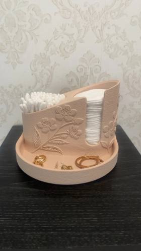 3D Baskı Çiçek Kabartmalı Makyaj Pamuğu ve Kulak Çubuğu Tutucu Takı Tepsili Banyo Düzenleyici - Pembe