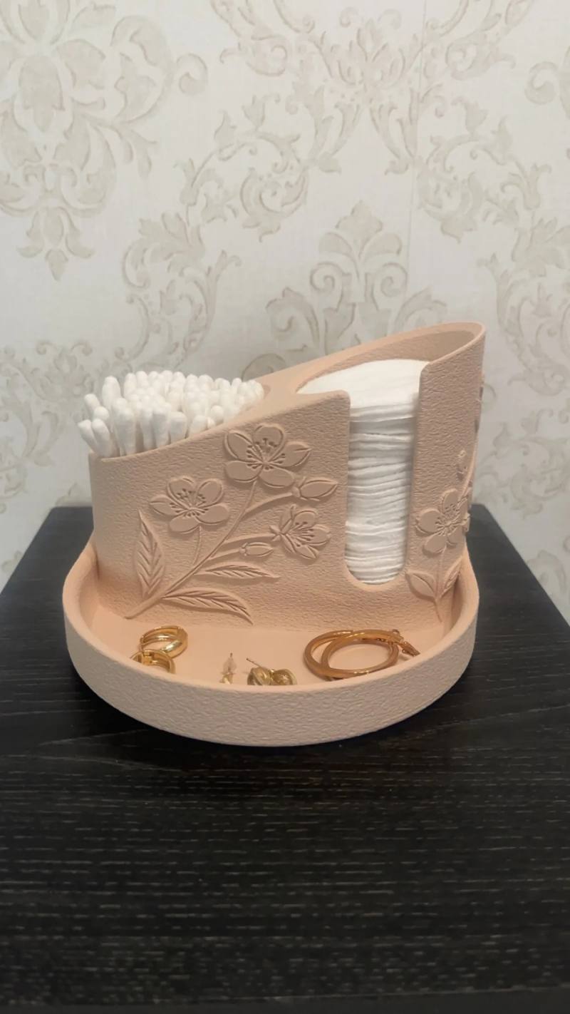 3D Baskı Çiçek Kabartmalı Makyaj Pamuğu ve Kulak Çubuğu Tutucu Takı Tepsili Banyo Düzenleyici - Pembe