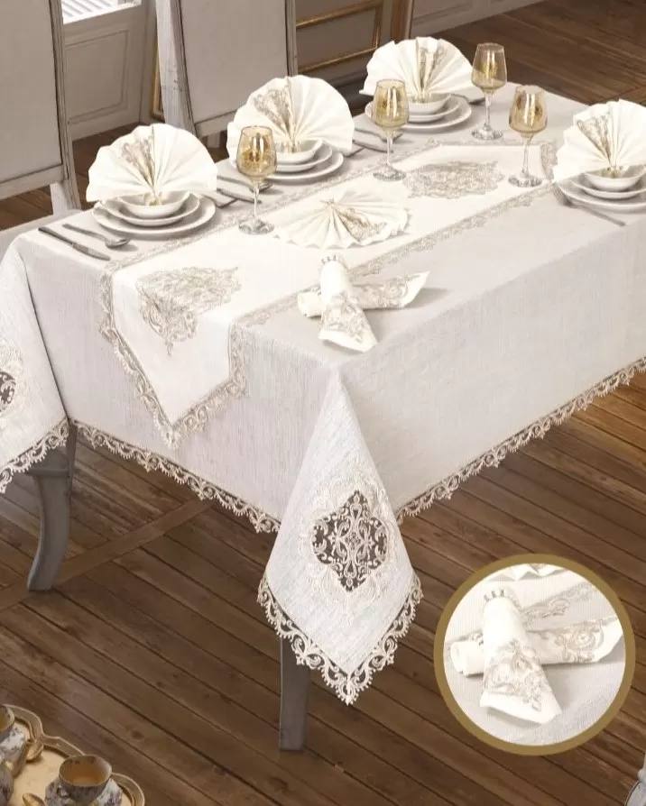 Lisa Linen Krem 26 Parça 12 Kişilik 160 × 260 cm Çeyizlik Premium Yemek Masa Takımı