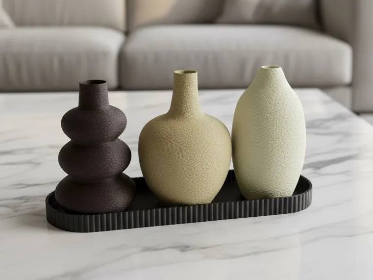 3D Baskı 3lü Dekoratif Vazo Seti ve Sunum Tepsisi - Modern Minimalist Masa Dekoru