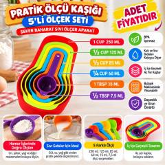 Pratik Ölçü Kaşığı Kabı 5li Şeker Baharat Sıvı Ölçer Aparat