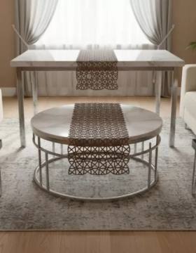 5 Parça Kahverengi Angles Model Dantel Masa Örtüsü Runner Seti Salon Takımı