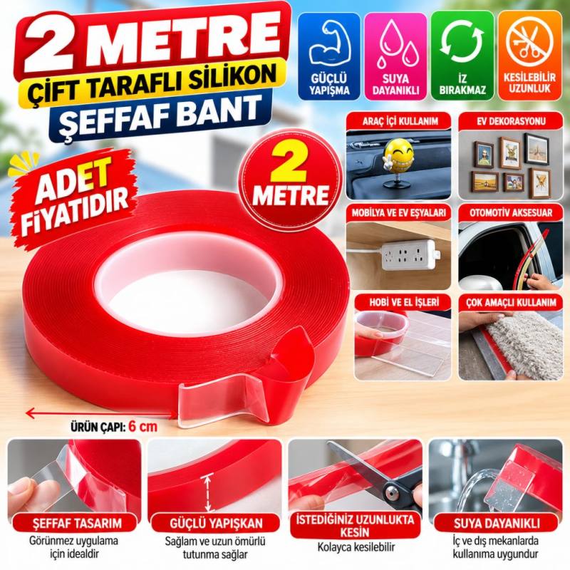 2 Metre Güçlü Yapışkanlı Çift Taraflı Slikon Pratik Şeffaf Bant (adet fiyatıdır)