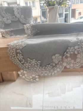 Çeyizlik Firuze Model Gri 5 Parça Keten Dantelli Salon Takımı Runner Seti