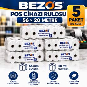 Termal POS Cihazı Rulosu 56 mm x 20 m - 50 Adet (5 Paket) Yazar Kasa Slip Rulosu